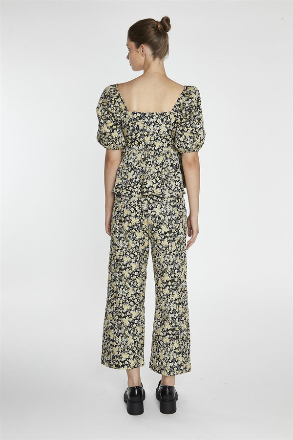 Glamorous Black-Yellow Brocade Cropped Wide-Leg-Trousers