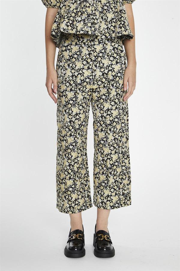 Glamorous Black-Yellow Brocade Cropped Wide-Leg-Trousers