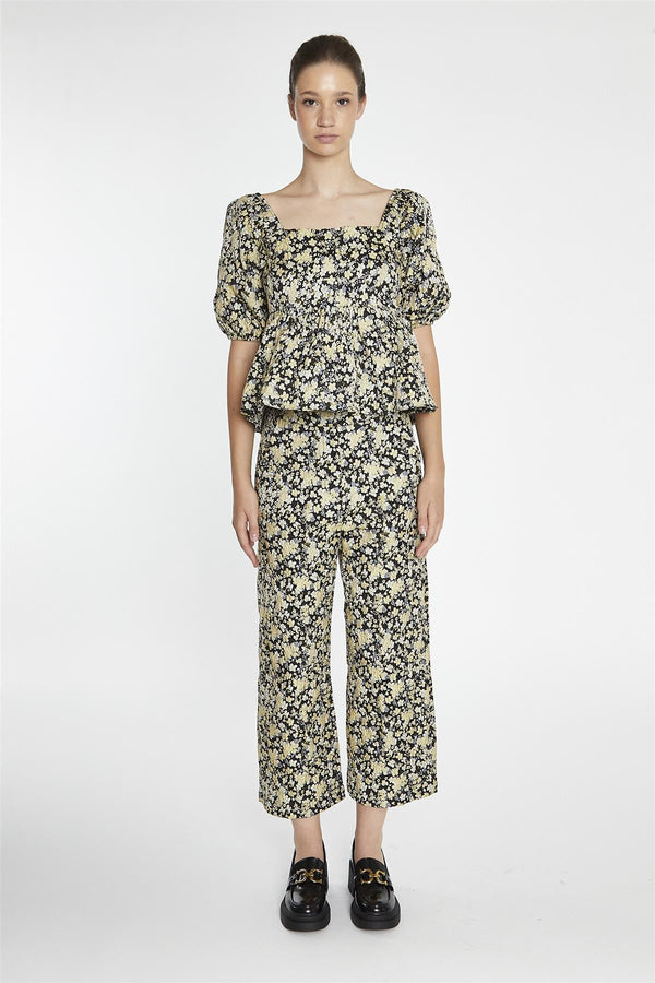 glamorous Black-Yellow Brocade Cropped Wide-Leg-Trousers
