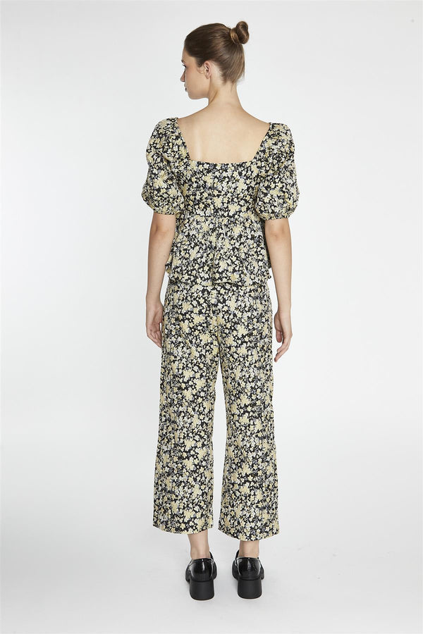 Glamorous Black-Yellow Brocade Square-Neck Peplum-Top