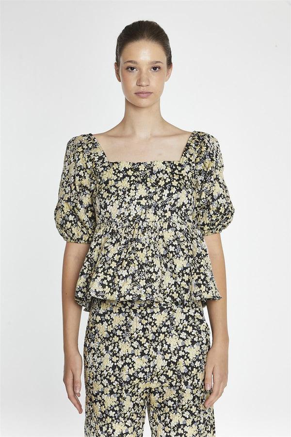 Glamorous Black-Yellow Brocade Square-Neck Peplum-Top