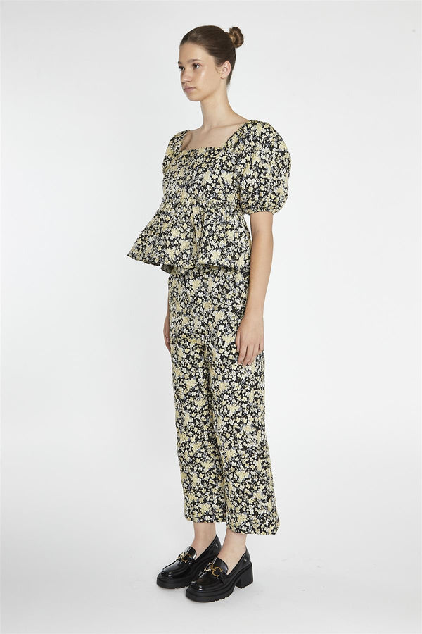 Glamorous Black-Yellow Brocade Square-Neck Peplum-Top