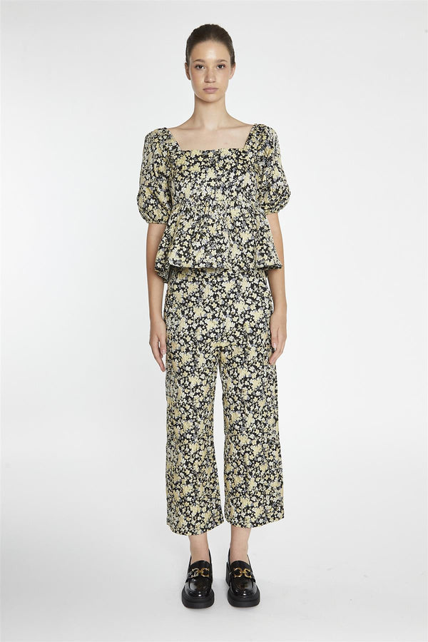 glamorous Black-Yellow Brocade Square-Neck Peplum-Top