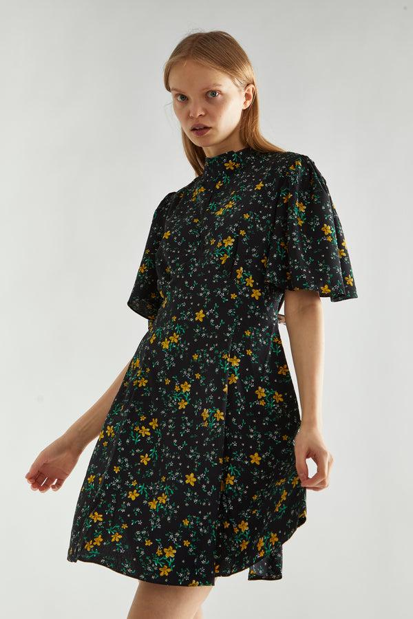 Glamorous Black-Yellow Mini Floral High-Neck Mini Tea-Dress