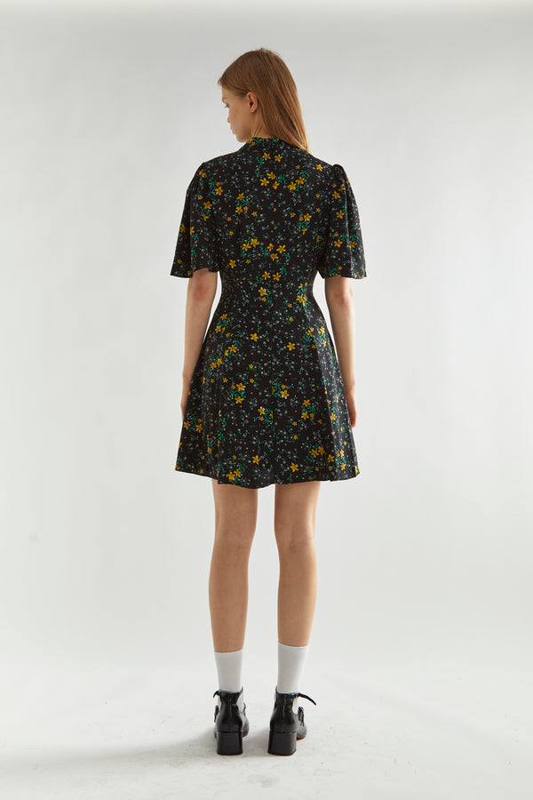 Glamorous Black-Yellow Mini Floral High-Neck Mini Tea-Dress