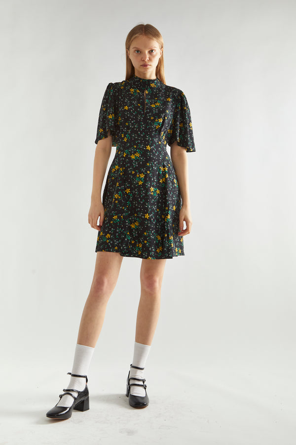 glamorous Black-Yellow Mini Floral High-Neck Mini Tea-Dress