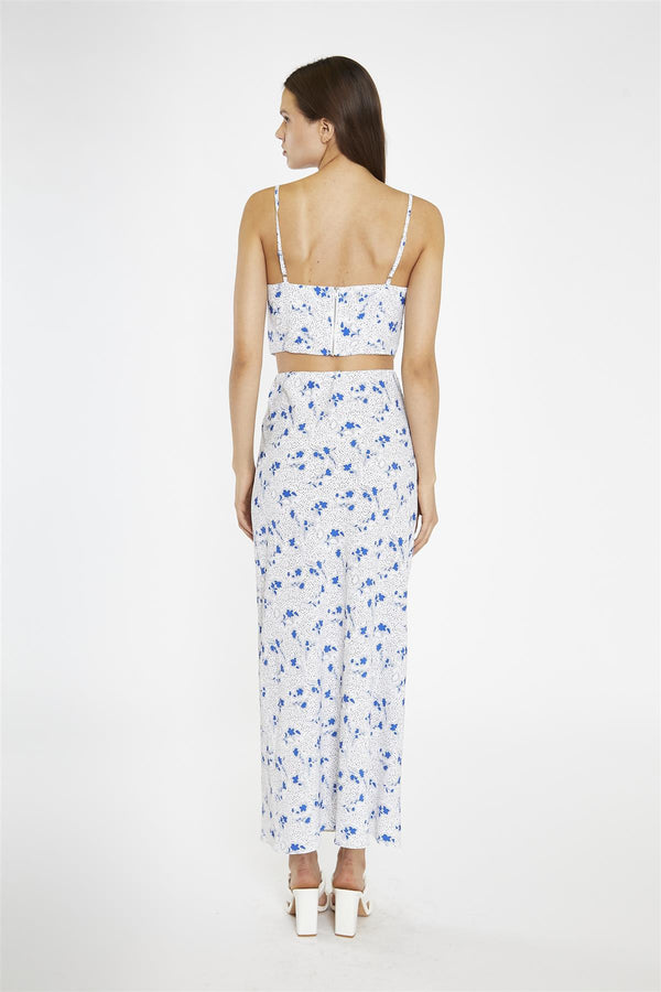 Glamorous Blue-Dot Vintage-Floral Bias-Cut Midi-Skirt