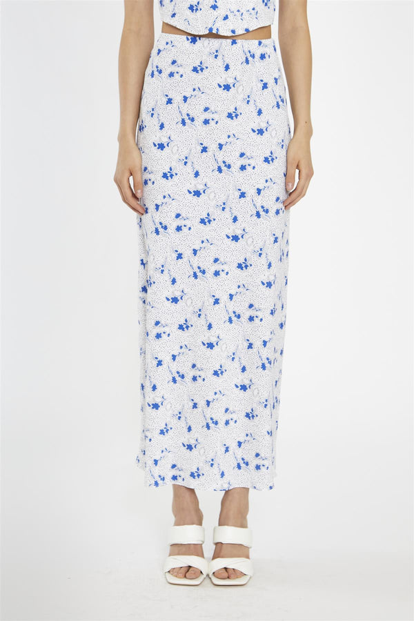 Glamorous Blue-Dot Vintage-Floral Bias-Cut Midi-Skirt