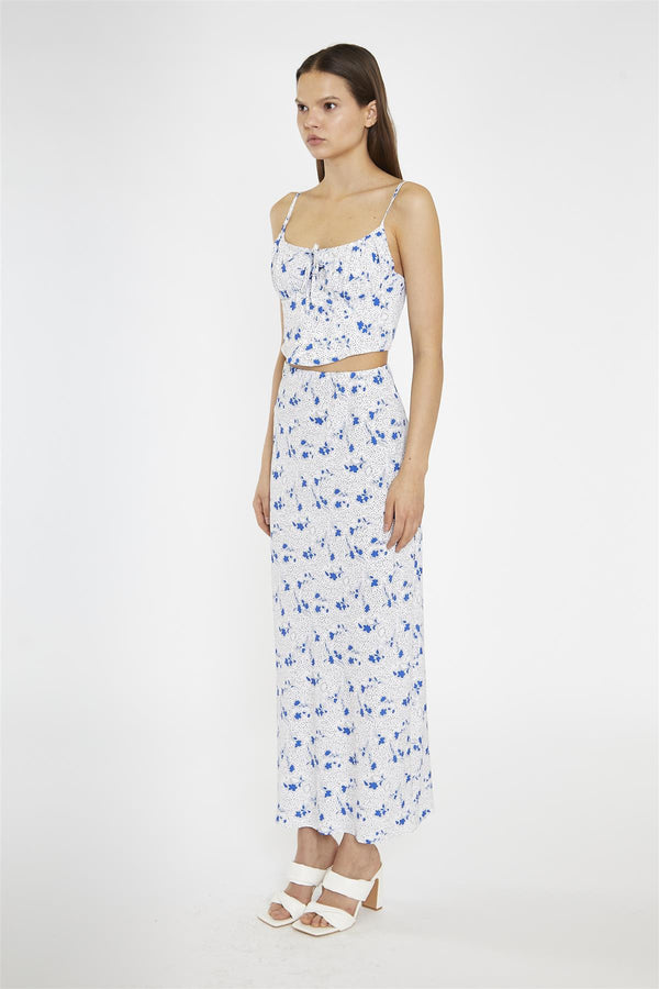 Glamorous Blue-Dot Vintage-Floral Bias-Cut Midi-Skirt