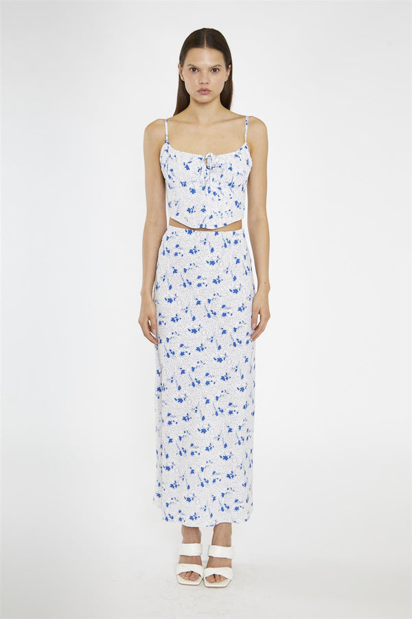 glamorous Blue-Dot Vintage-Floral Bias-Cut Midi-Skirt