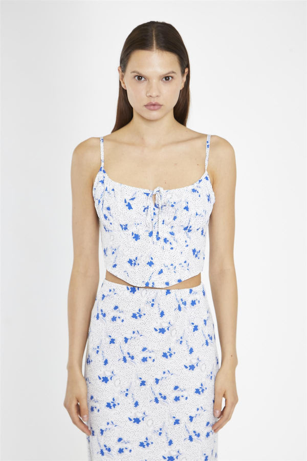 Glamorous Blue-Dot Vintage-Floral Gathered-Bust Corset-Top