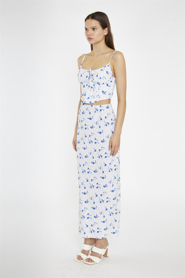 Glamorous Blue-Dot Vintage-Floral Gathered-Bust Corset-Top