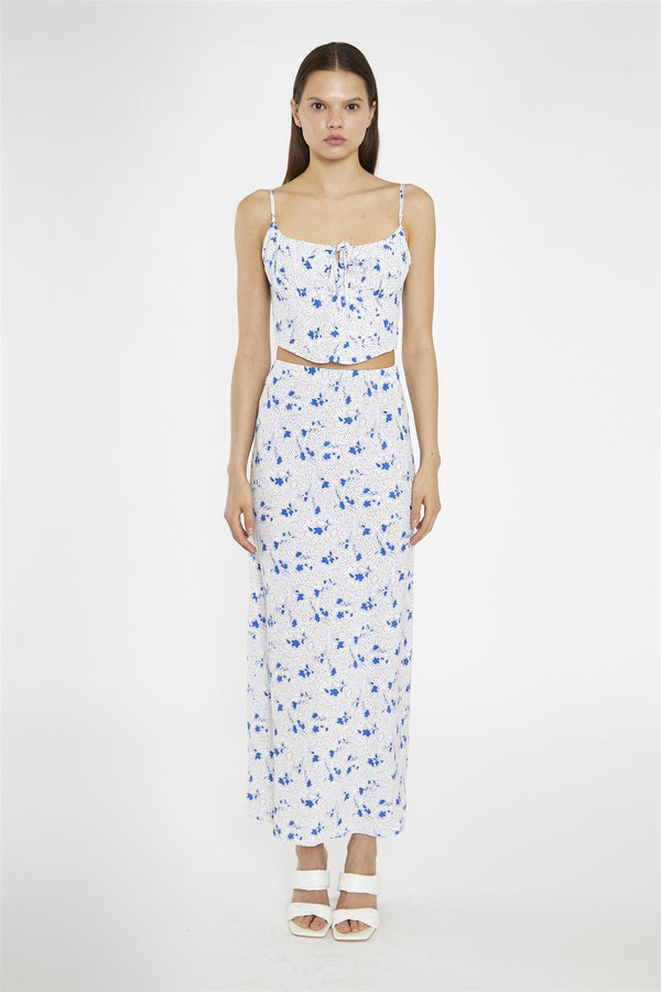 glamorous Blue-Dot Vintage-Floral Gathered-Bust Corset-Top