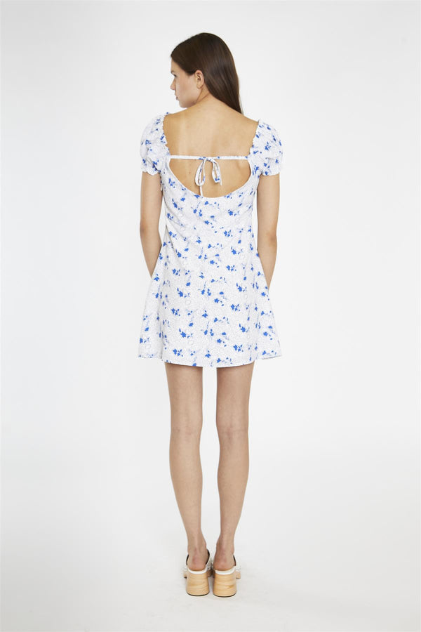 Glamorous Blue-Dot Vintage-Floral Gathered Neckline Mini-Dress