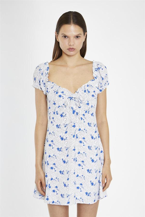 Glamorous Blue-Dot Vintage-Floral Gathered Neckline Mini-Dress