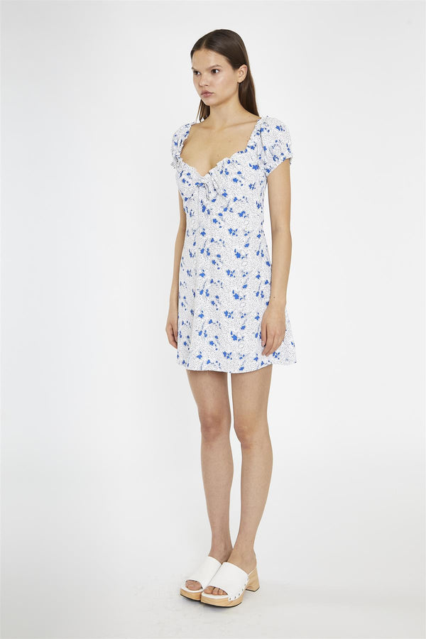 Glamorous Blue-Dot Vintage-Floral Gathered Neckline Mini-Dress