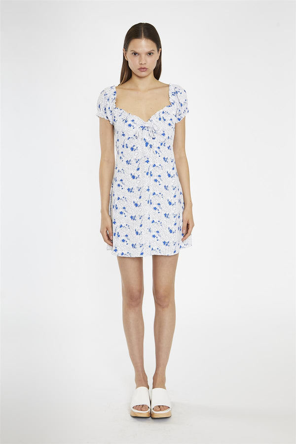 glamorous Blue-Dot Vintage-Floral Gathered Neckline Mini-Dress