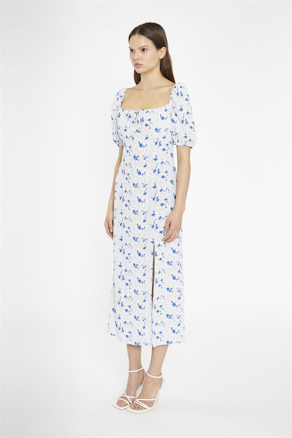 Glamorous Blue Dot Vintage Floral Milkmaid Midi-Dress