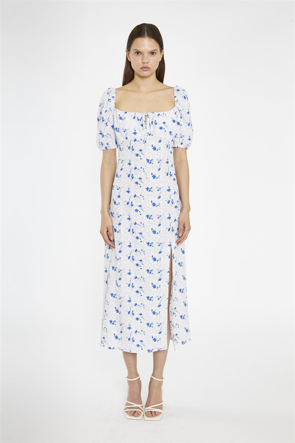 glamorous Blue Dot Vintage Floral Milkmaid Midi-Dress