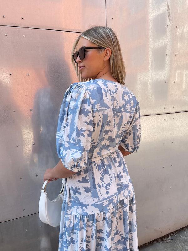 Glamorous Blue Flower Collage Tiered Wrap Maxi-Dress