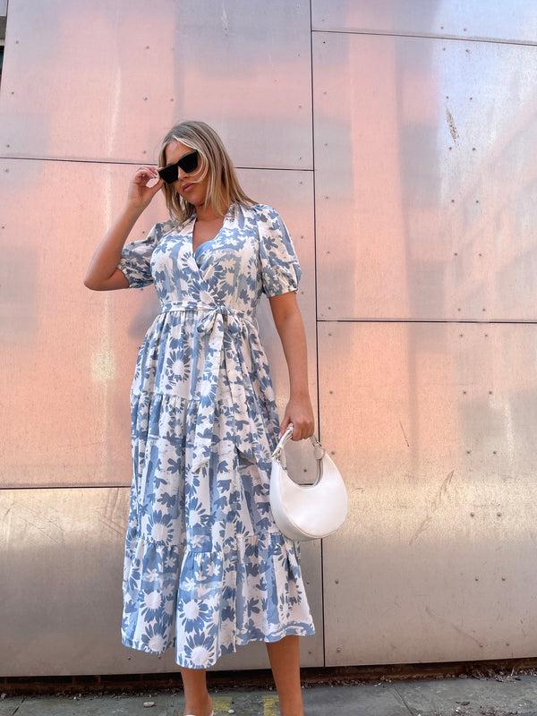 glamorous Blue Flower Collage Tiered Wrap Maxi-Dress