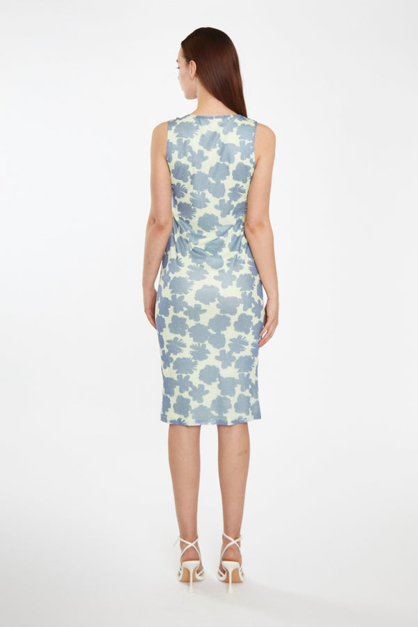 Glamorous Blue-Green Floral Mesh Bodycon Cut-Out Midi-Dress