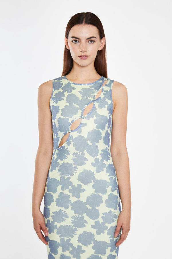 Glamorous Blue-Green Floral Mesh Bodycon Cut-Out Midi-Dress