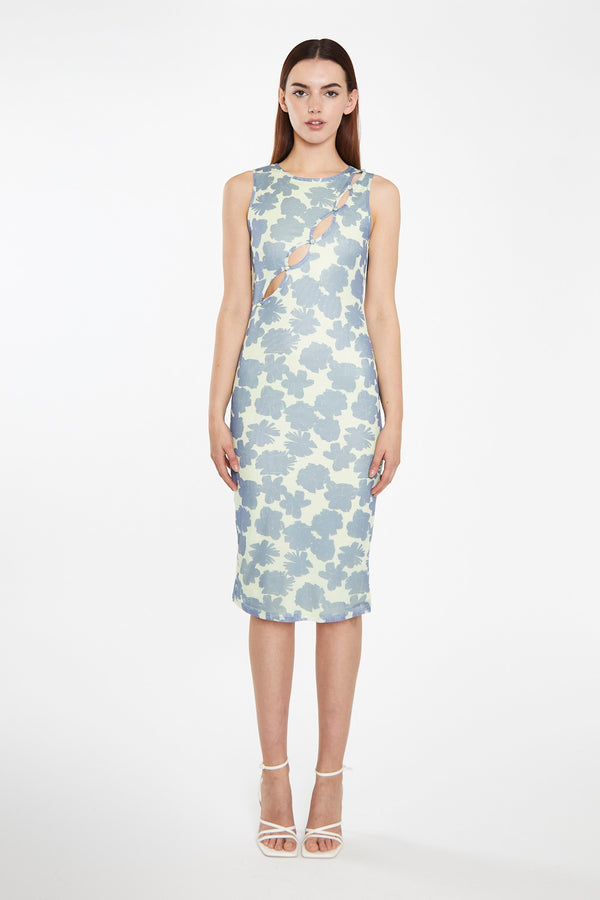 glamorous Blue-Green Floral Mesh Bodycon Cut-Out Midi-Dress