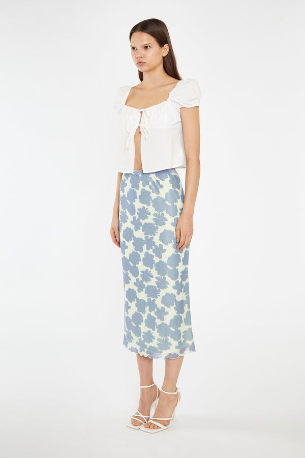 Glamorous Blue-Green Floral Mesh Lace-Trim Midi-Skirt