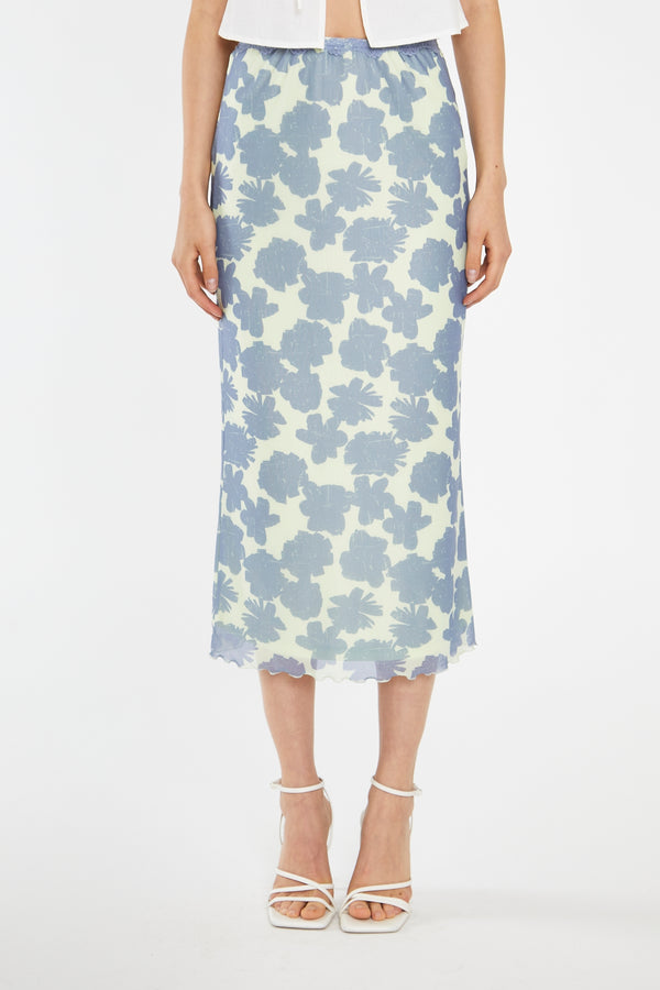 Glamorous Blue-Green Floral Mesh Lace-Trim Midi-Skirt