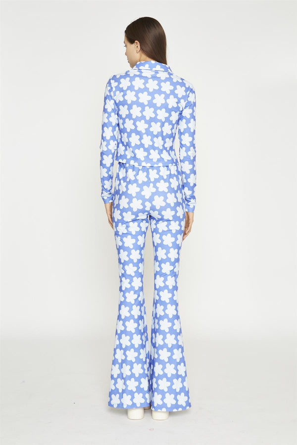 Glamorous Blue-Large Flower Long-Sleeve Skinny-Fit-Shirt