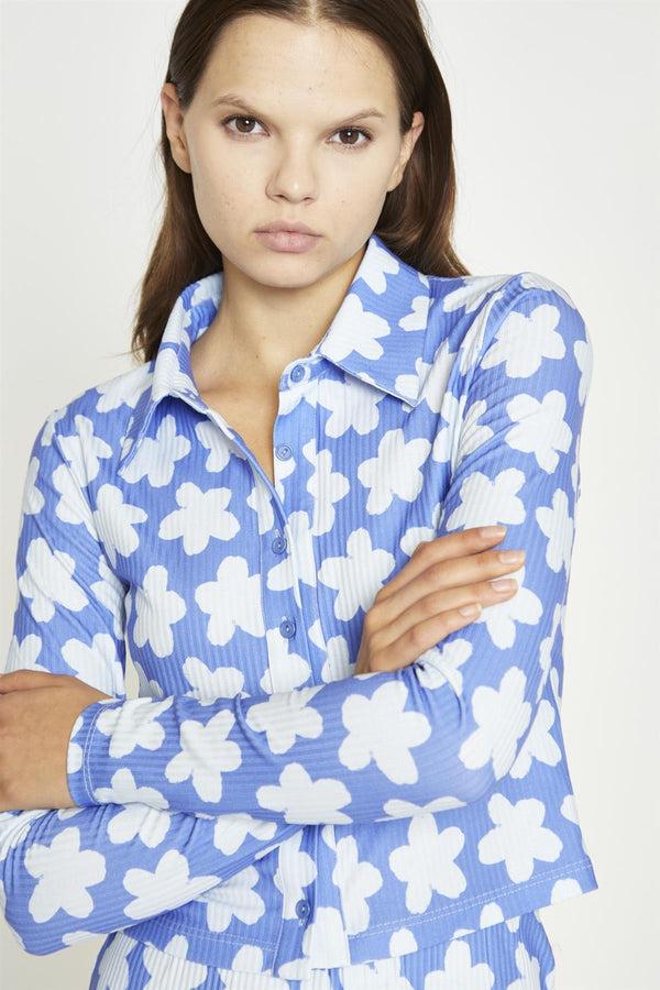 Glamorous Blue-Large Flower Long-Sleeve Skinny-Fit-Shirt