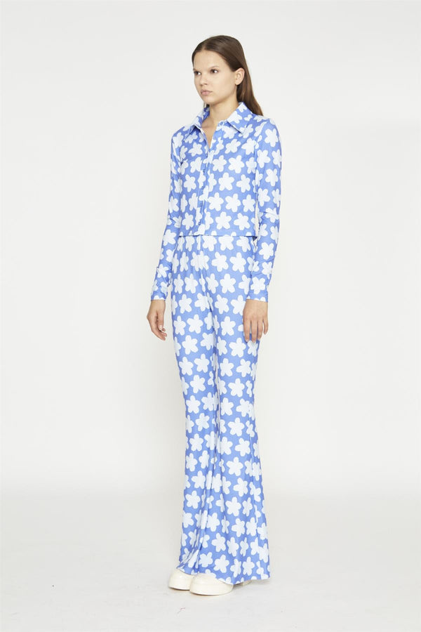 Glamorous Blue-Large Flower Long-Sleeve Skinny-Fit-Shirt