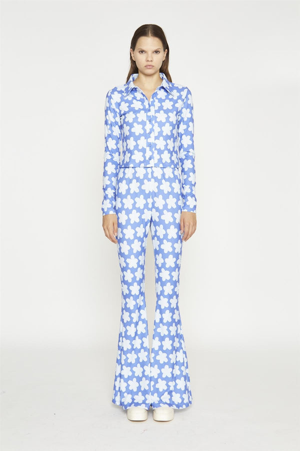 glamorous Blue-Large Flower Long-Sleeve Skinny-Fit-Shirt