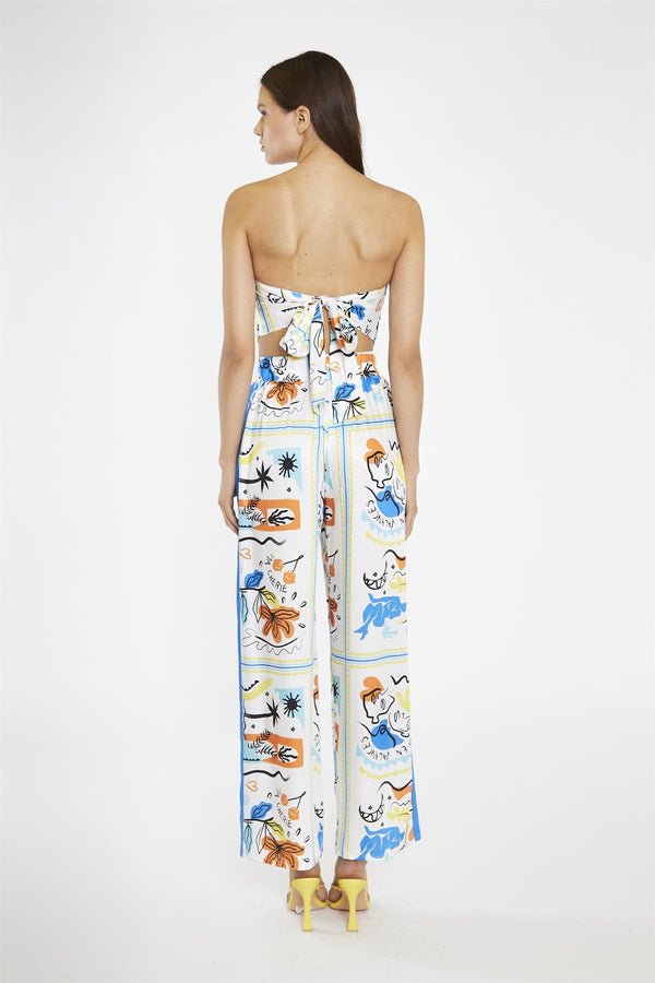 Glamorous Blue Scarf-Print Contrast Stripe Wide-Leg-Trousers