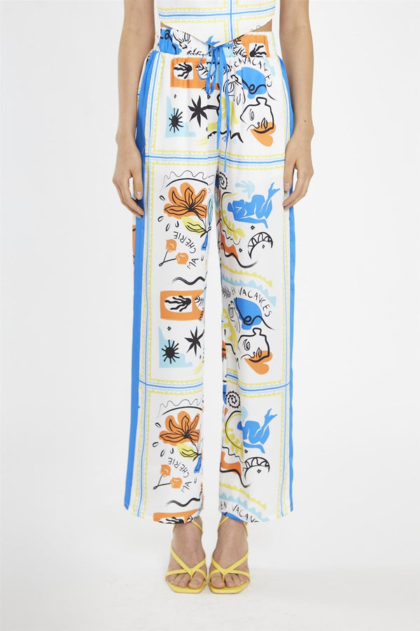 Glamorous Blue Scarf-Print Contrast Stripe Wide-Leg-Trousers