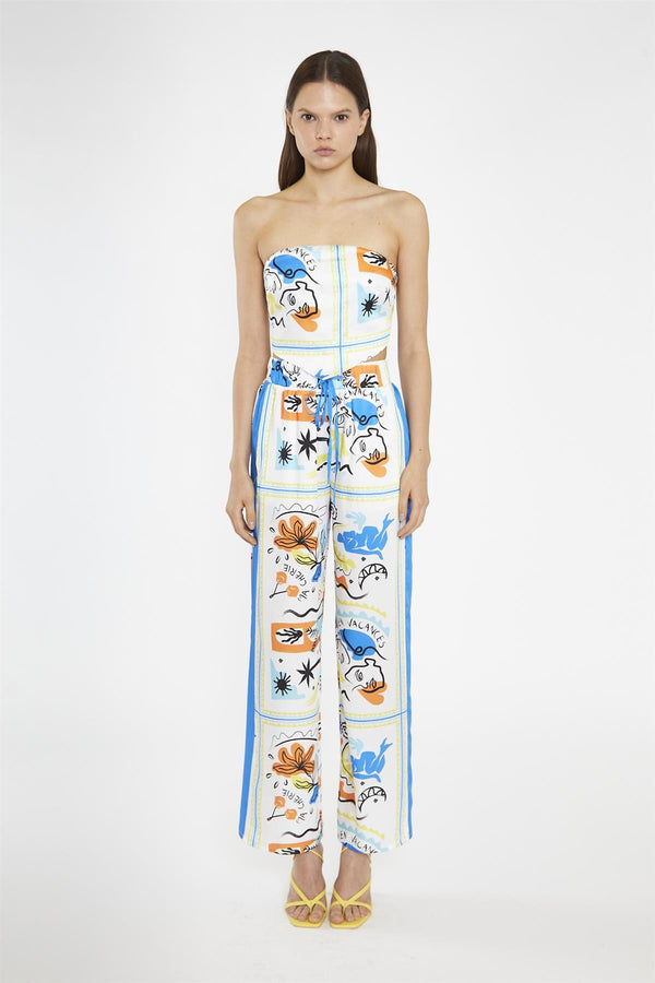 glamorous Blue Scarf-Print Contrast Stripe Wide-Leg-Trousers