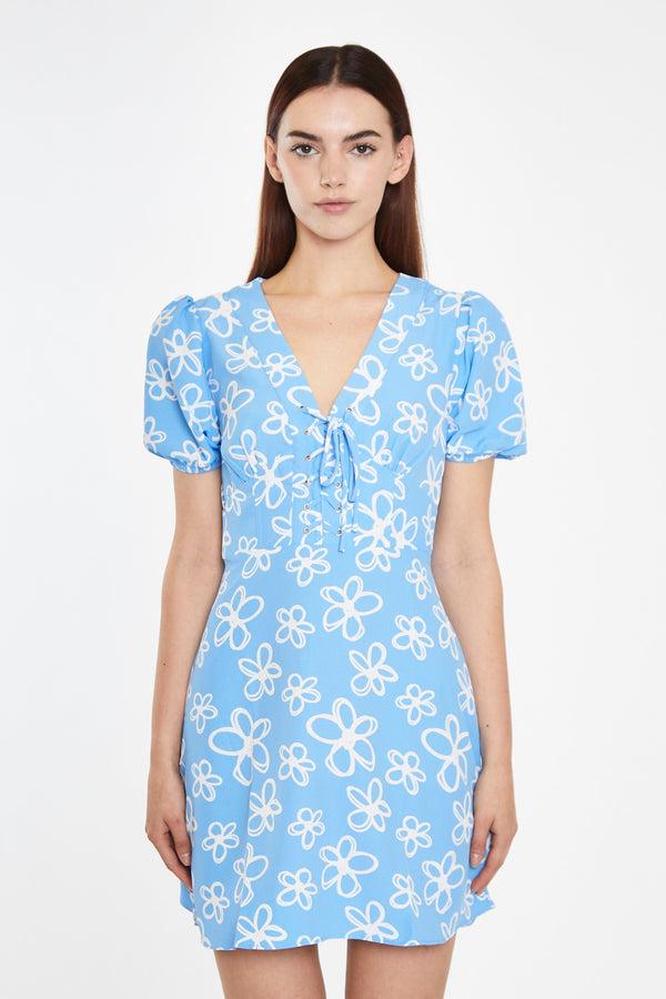 Glamorous Blue Scribble-Daisy Lace-Up Front Mini-Dress