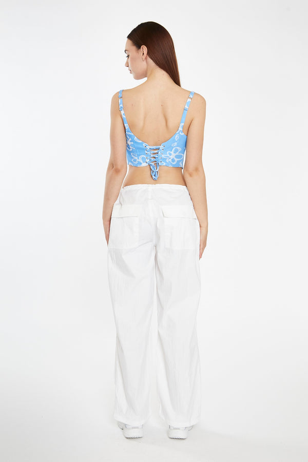 Glamorous Blue Scribble Daisy Mesh Lace-Up Corset Top