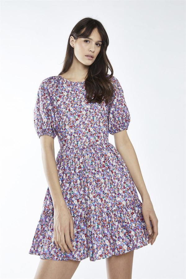 Glamorous Blue Texture-Floral Ruffle-Hem Mini-Dress