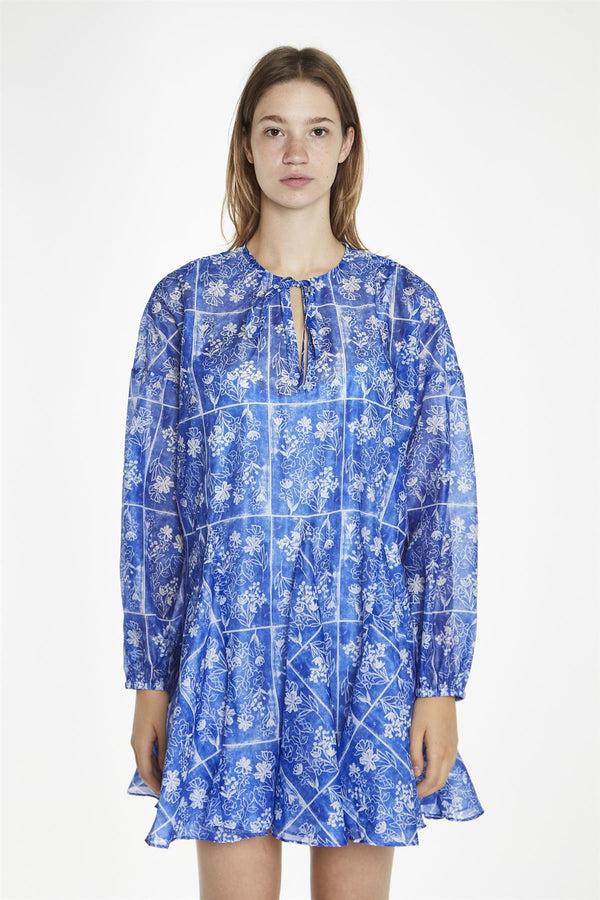 Glamorous Blue-Tile Organza Oversized Swing Mini-Dress