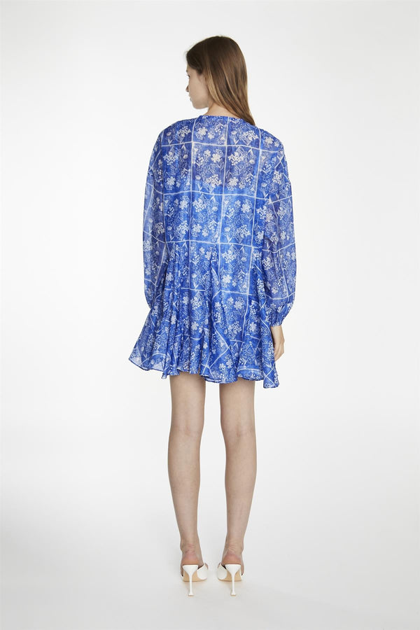 Glamorous Blue-Tile Organza Oversized Swing Mini-Dress