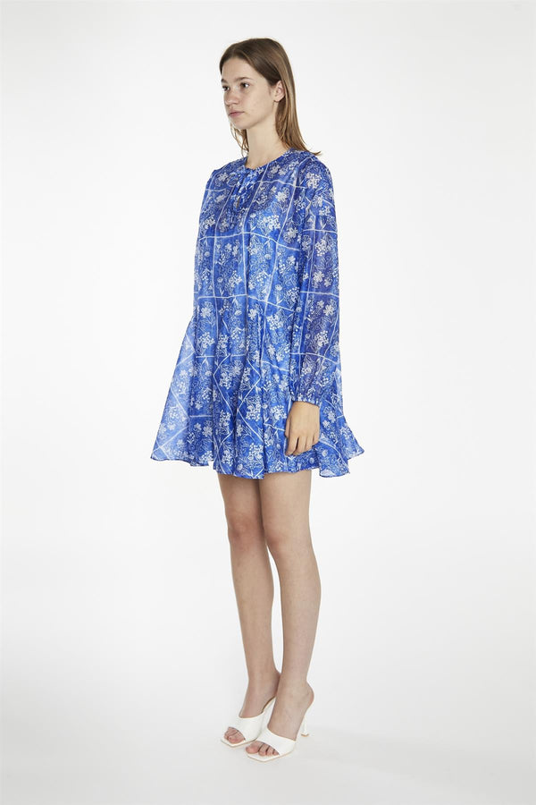 Glamorous Blue-Tile Organza Oversized Swing Mini-Dress