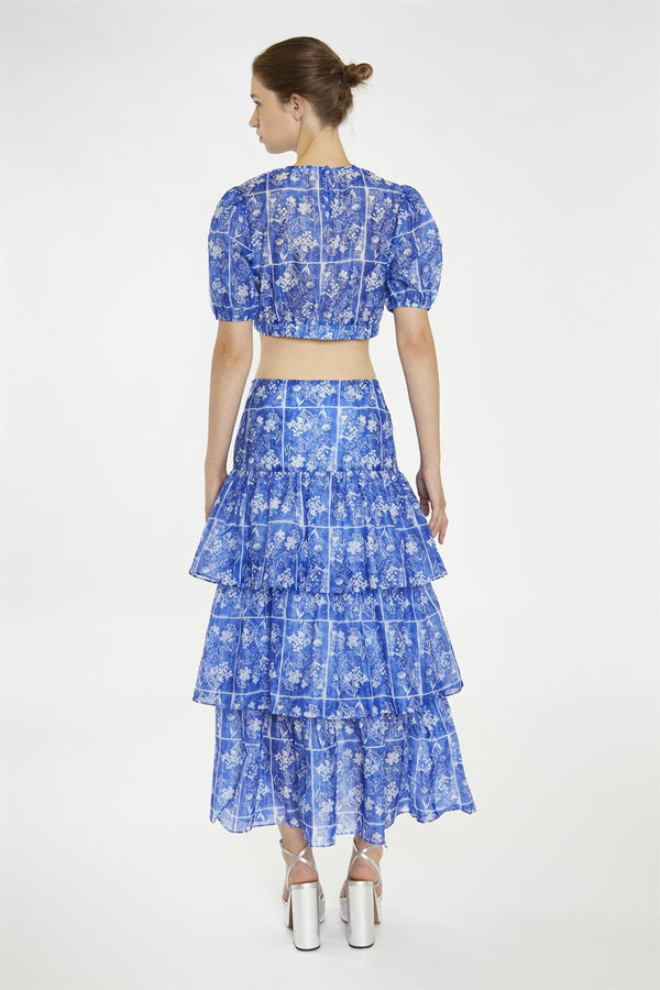 Glamorous Blue-Tile Organza Tiered Ruffle Midaxi-Skirt