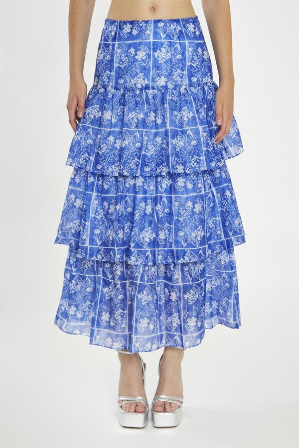 Glamorous Blue-Tile Organza Tiered Ruffle Midaxi-Skirt