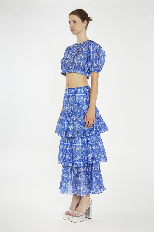 Glamorous Blue-Tile Organza Tiered Ruffle Midaxi-Skirt