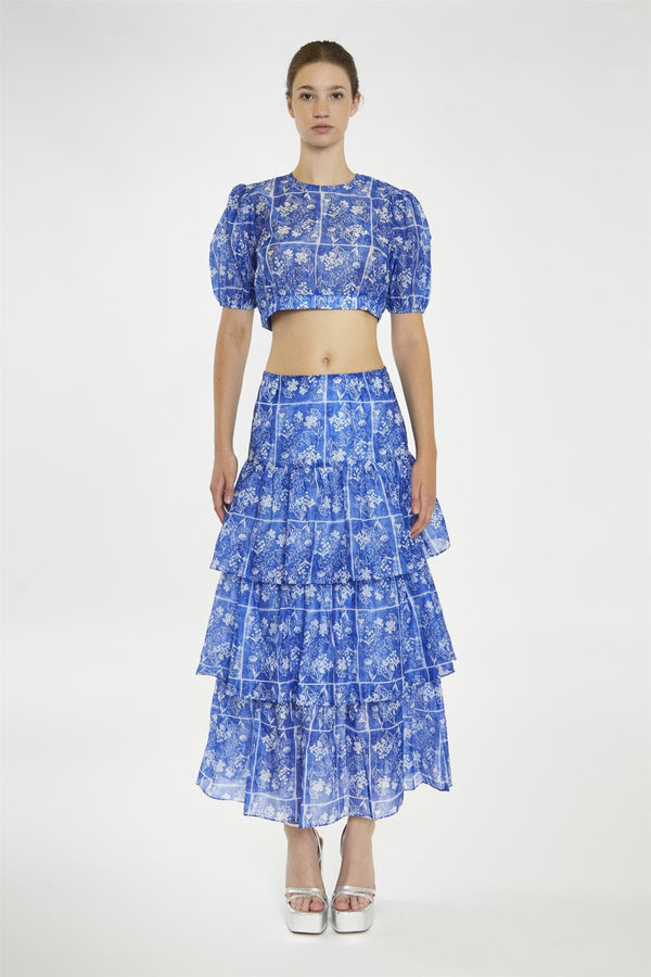 glamorous Blue-Tile Organza Tiered Ruffle Midaxi-Skirt