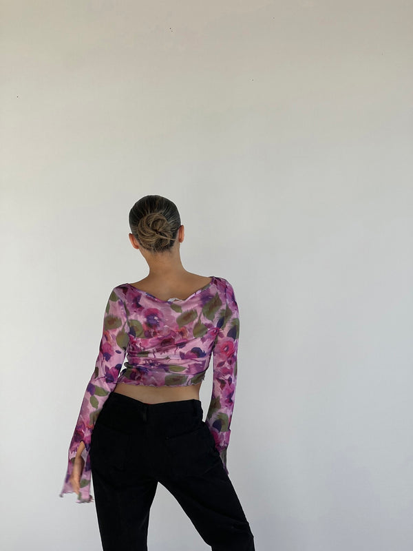 Glamorous Blurred-Purple Floral Asymmetric Crop-Top