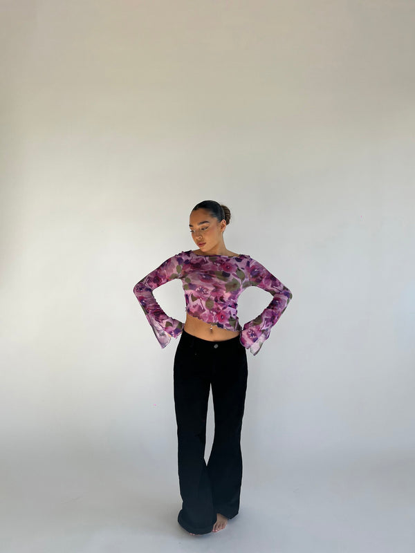 Glamorous Blurred-Purple Floral Asymmetric Crop-Top