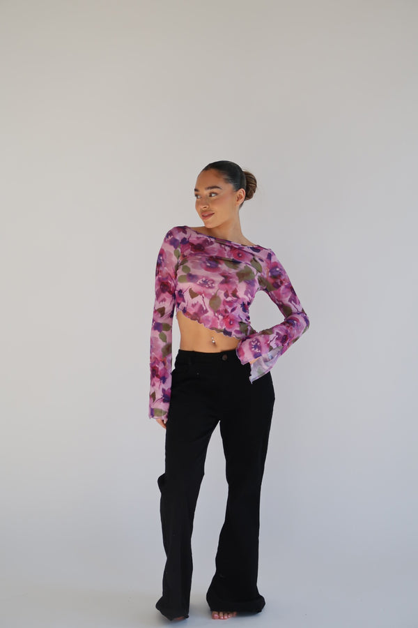 Glamorous Blurred-Purple Floral Asymmetric Crop-Top